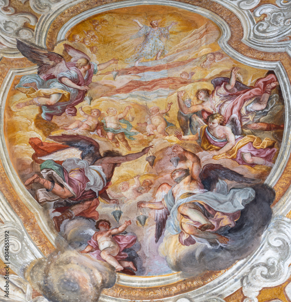 CATANIA, ITALY - APRIL 7, 2018: The vault fresco of Apotheosis of Saint Benedict in church Chiesa di San Benedetto by Giovanni Tuccari (1667–1743).