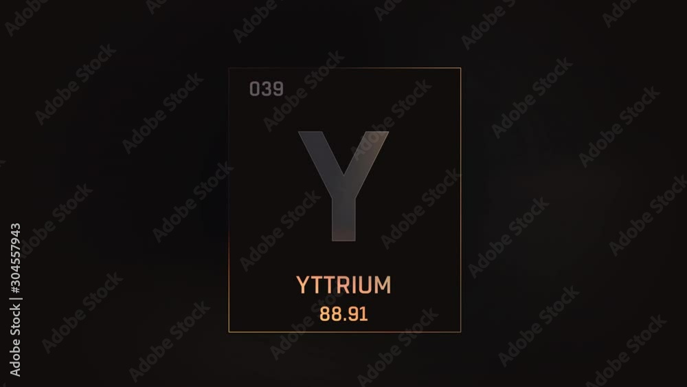 Yttrium as Element 39 of the Periodic Table. Seamlessly looping 3D animation on grey illuminated atom design background with orbiting electrons. Design shows name, atomic weight and element number