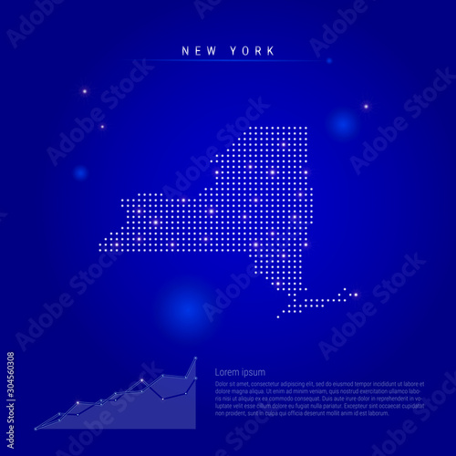 New York US state illuminated map with glowing dots. Dark blue space background. Vector illustration