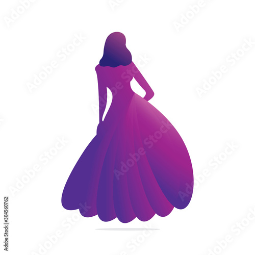 Woman Fashion logo vector illustration design. Modern Dress Logo Design. Beautiful lady in Purple gala dress. 