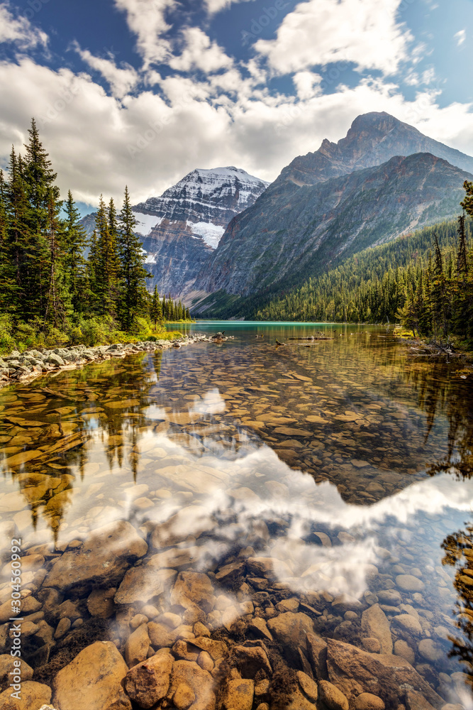 Scenic reflection of Mount Edith Cavell in Jasper National Park, Rocky mountains of Alberta, Canada