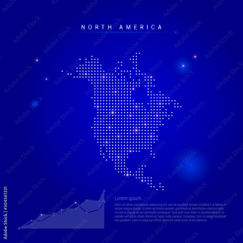 North America illuminated map with glowing dots. Dark blue space background. Vector illustration