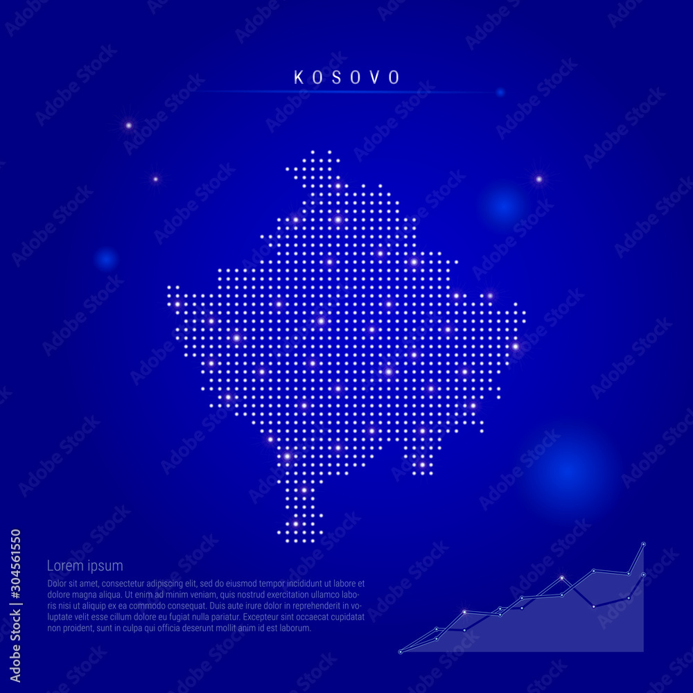Kosovo illuminated map with glowing dots. Dark blue space background. Vector illustration