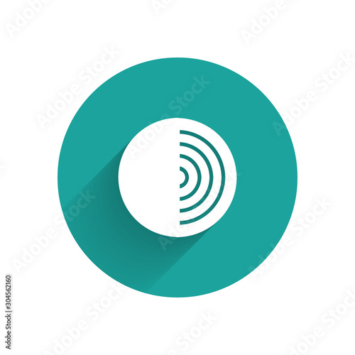 White Earth structure icon isolated with long shadow. Geophysics concept with earth core and section layers earth. Green circle button. Vector Illustration