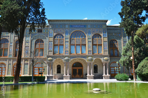 Outdoor view of Talar-e-Salam building in Golestan Palace with garden in Tehran, Iran