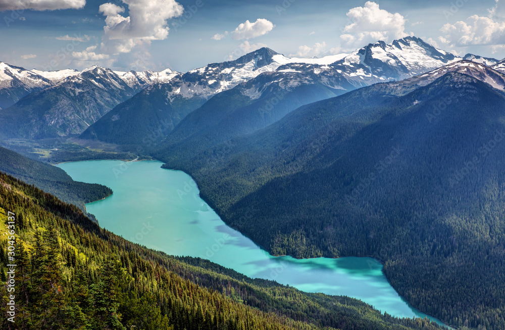 Cheakamus Lake from the high note train while hiking on Whistler mountain, British Columbia.