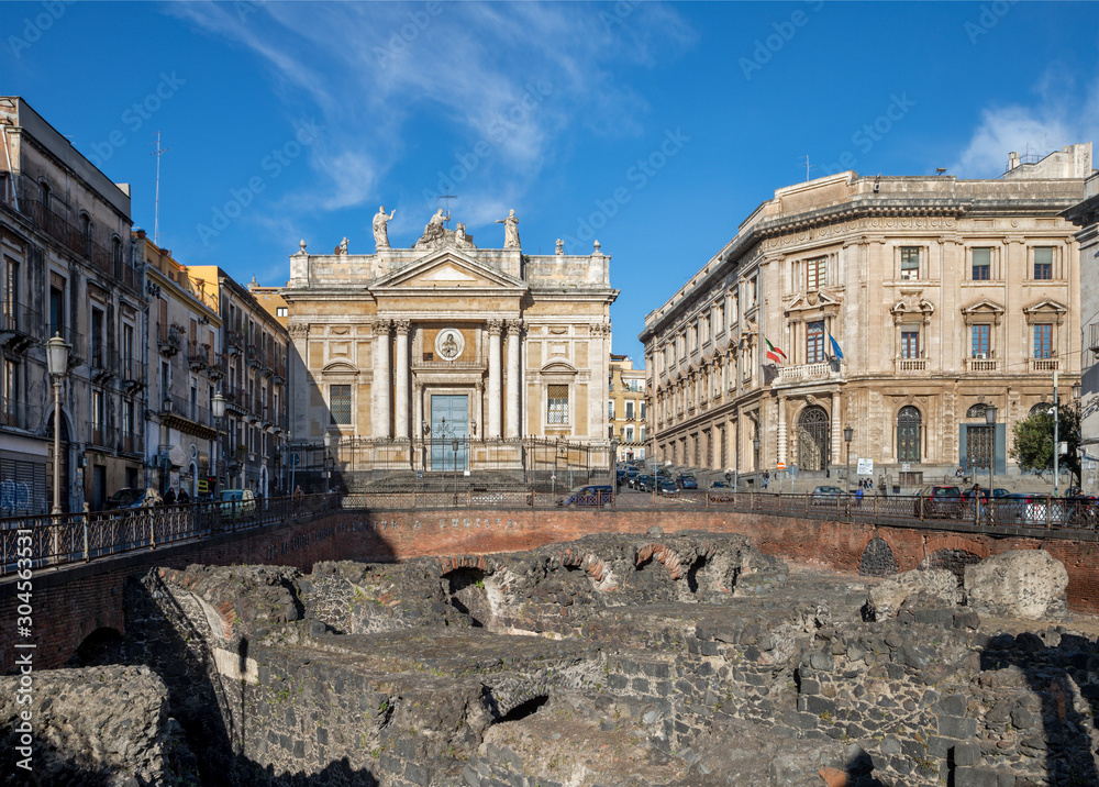 Catania - The ruins of Roman Amphitheater and the church Chiesa San Biagio in Sant'Agata alla Fornace.