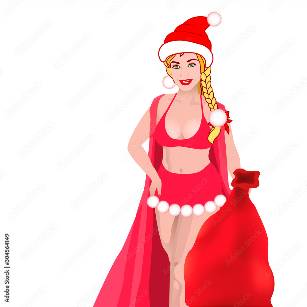 Sexy snow maiden in red swimsuit, pareo and huge bag full of christmas presents isolated on white background. Vector illustration. Beautiful girl wearing santa claus clothes on white  background.