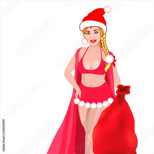 Sexy snow maiden in red swimsuit, pareo and huge bag full of christmas presents isolated on white background. Vector illustration. Beautiful girl wearing santa claus clothes on white  background.
