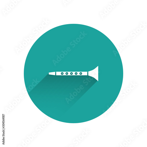 White Clarinet icon isolated with long shadow. Musical instrument. Green circle button. Vector Illustration