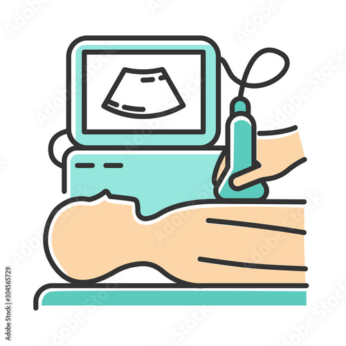 Ultrasound diagnostics color icon. Ultrasonography. Medical procedure. Healthcare services. Patient chest examination. Disease treatment. Professional clinical diagnosis. Isolated vector illustration