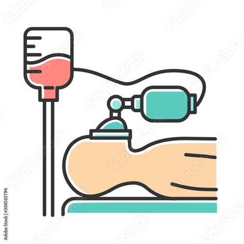 Anesthesia color icon. Medical procedure. Apnea stage. Liquid induction. Patient unconscious on bed. Dropper. Professional clinical help. Disease treatment, illness aid. Isolated vector illustration
