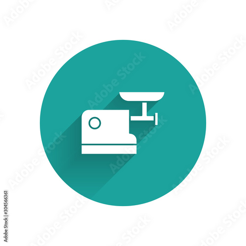 White Kitchen meat grinder icon isolated with long shadow. Green circle button. Vector Illustration