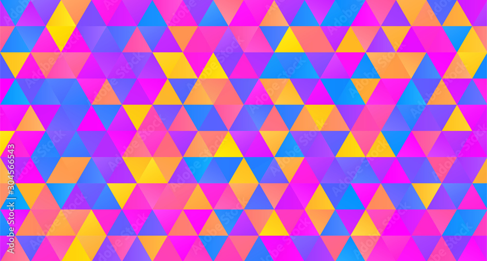 Abstract regular triangle polygons background multicolor. Geometric triangular backdrop. 70s funky and power hippy style. Psychedelic Polygonal triangular shapes with original colorful scheme, 