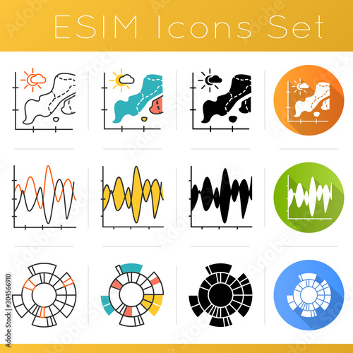 Chart and graph icons set. Temperature map. Sesmic activity. Vibration visualization. Sunburst radial diagram. Business. Flat design, linear, black and color styles. Isolated vector illustrations photo