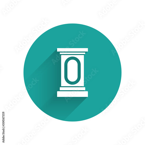 White Stage stand or debate podium rostrum icon isolated with long shadow. Conference speech tribune. Green circle button. Vector Illustration