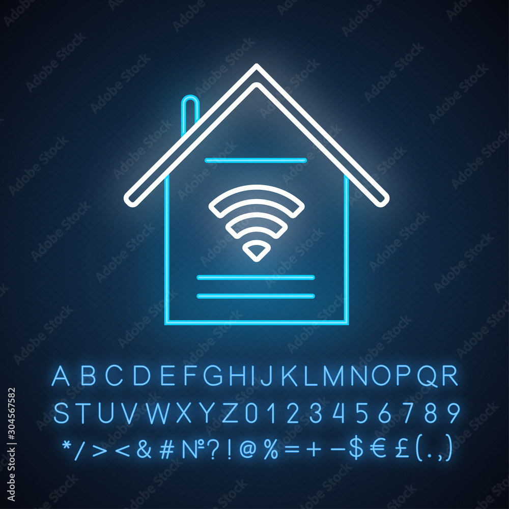 Smart home features neon light icon. Handle with appliances via internet. Control household. Wi-Fi access indoors. Glowing sign with alphabet, numbers and symbols. Vector isolated illustration Smart home features neon light icon. Handle with appliances via internet. Control household. Wi-Fi access indoors. Glowing sign with alphabet, numbers and symbols. Vector isolated illustration