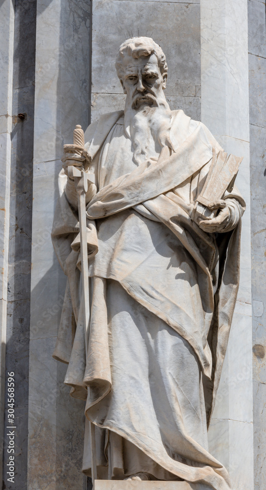 CATANIA, ITALY - APRIL 8, 2018: The statue of St. Paul the Apostle in front of Basilica di Sant'Agata.