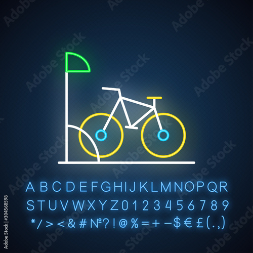 Bike parking neon light icon. Bicycle rack. Sport activity. Eco transport. City biking. Apartment amenities. Glowing sign with alphabet, numbers and symbols. Vector isolated illustration