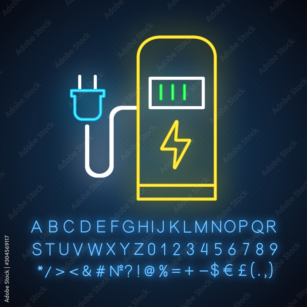 Car charging station neon light icon. Electric fuel pump for public usage. EV rechagging point. Smart energy. Glowing sign with alphabet, numbers and symbols. Vector isolated illustration Car charging station neon light icon. Electric fuel pump for public usage. EV rechagging point. Smart energy. Glowing sign with alphabet, numbers and symbols. Vector isolated illustration