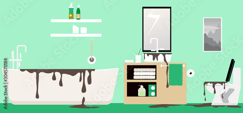 Dirty water backing up in a bathroom after a septic tank fail or a clog  EPS 8 vector illustration