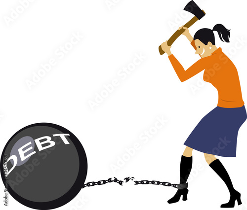 Woman hacking off a ball of debt attached to her ankle with a chain, EPS 8 vector illustration