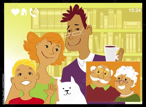 Family talking with grandparents via video chat on a computer screen, EPS 8 vector illustration