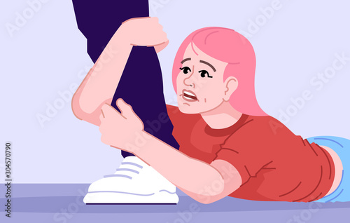 Obsessive relationship flat vector illustration. Human addiction, painful breakup, separation. Girlfriend trying to stop ex boyfriend. Woman suffering from psychological dependence cartoon character