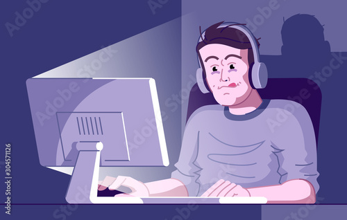 Gaming addiction flat vector illustration. Videogaming dependence. Computer entertainment obsession. Exhausted player with eyebags. Excited gamer playing online game at night cartoon character