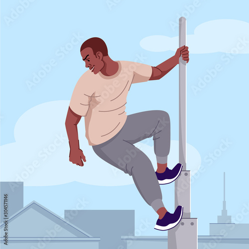 Adrenaline addiction flat vector illustration. Extreme sports obsession. Risky tricks dependence. Thoughtless young man, daredevil climbing high tower without safety equipment cartoon character