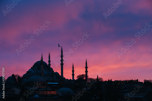 Istanbul and sunset view on Suleymaniye mosque, Turkey