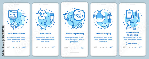 Bioengineering onboarding mobile app page screen with linear concepts. Medical imaging. Five walkthrough steps graphic instructions. Bioinstrumentation. UX, UI, GUI vector template with illustrations
