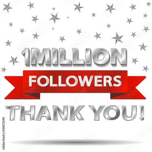 Thank you followers, thanks banner template. 1000K, 1 million,  follower achievement congratulation silver design for social networks, media. Web blogger subscribers. Vector illustration