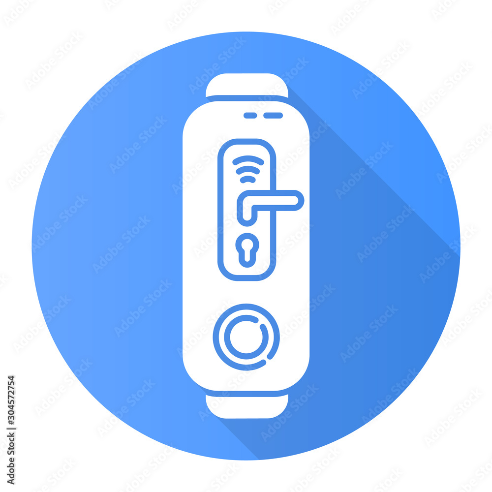 Fitness tracker with digital door lock function blue flat design long shadow glyph icon. Wearable device with innovative smart home control. Door handle with wifi sign. Vector silhouette illustration Fitness tracker with digital door lock function blue flat design long shadow glyph icon. Wearable device with innovative smart home control. Door handle with wifi sign. Vector silhouette illustration