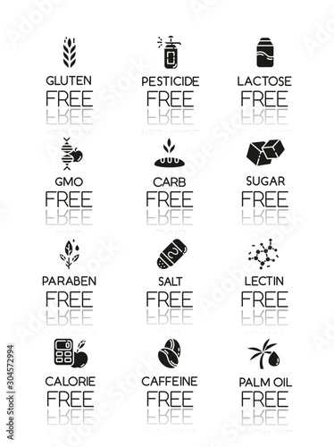 Product free ingredient drop shadow black glyph icons set. No lectine, gluten. Organic food, healthy eating. Low calories meals. Dietary without allergens and sweeteners. Isolated vector illustrations