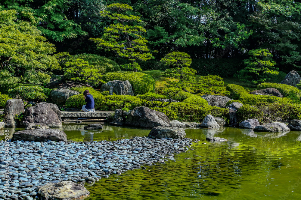 japanese garden with pond and flowers