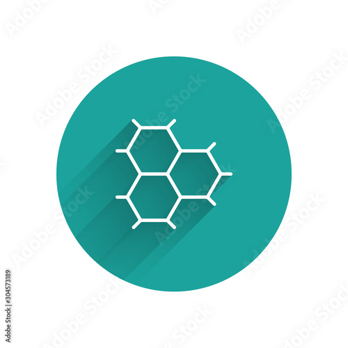 White Chemical formula consisting of benzene rings icon isolated with long shadow. Green circle button. Vector Illustration