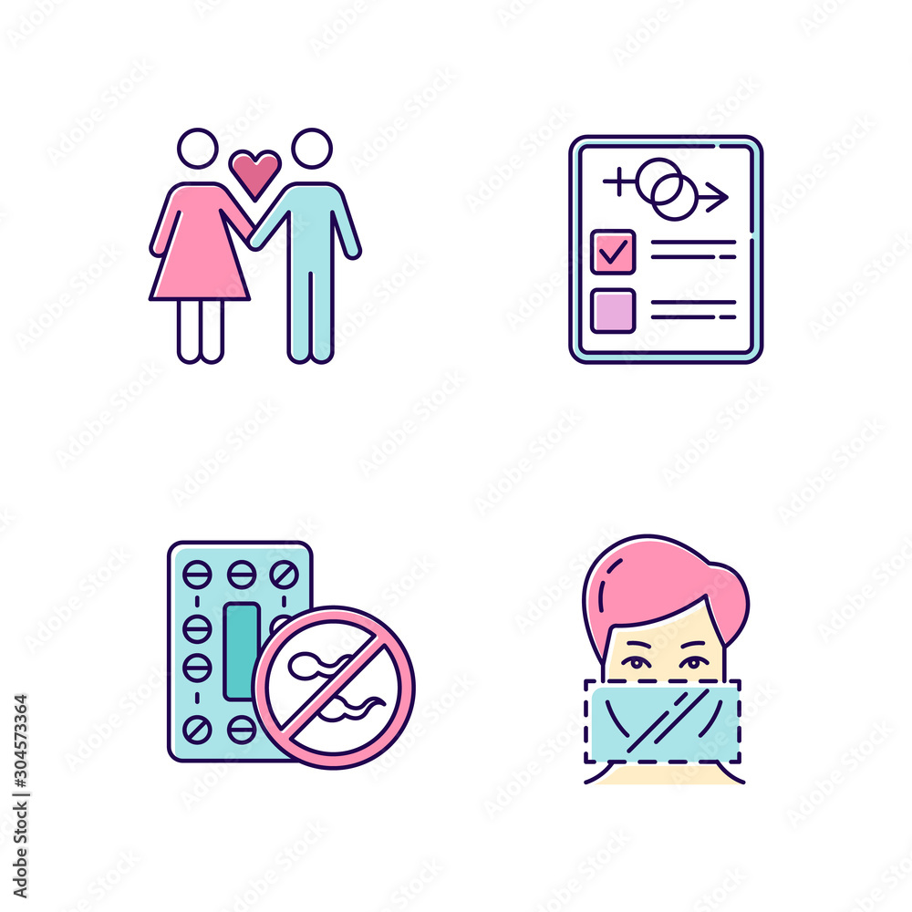 Safe sex color icons set. Only one partner. Monogamy. Man and woman in love. Girlfriend and boyfriend. Sex test, check. Oral contraceptive pills picture