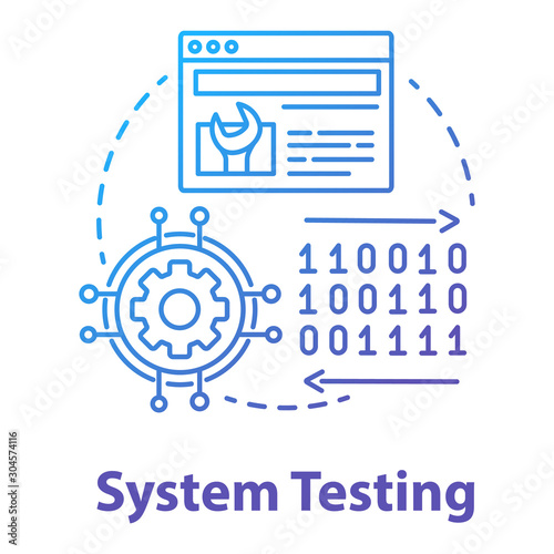 System testing concept icon. Software development stage idea thin line illustration. Application perfomance verification. IT project managment. App coding. Vector isolated outline drawing