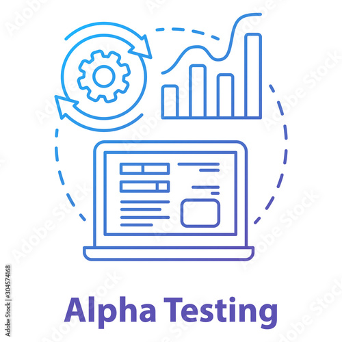 Alpha testing concept icon. Software development stage idea thin line illustration. Application perfomance verification. IT project managment. App coding. Vector isolated outline drawing