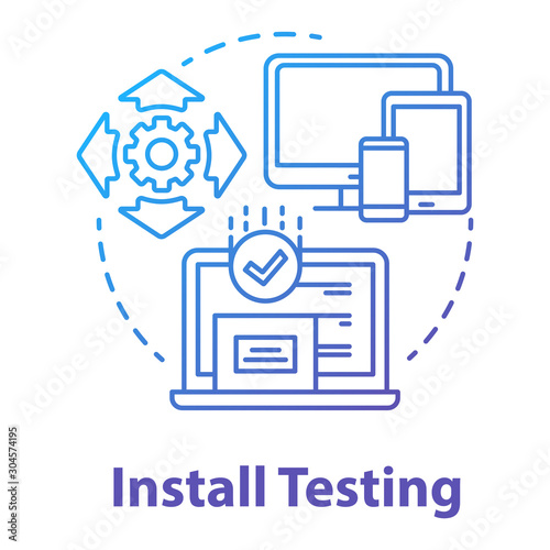 Install testing concept icon. Software programming stage idea thin line illustration. Application development. Implementation testing. IT project. App coding, Vector isolated outline drawing