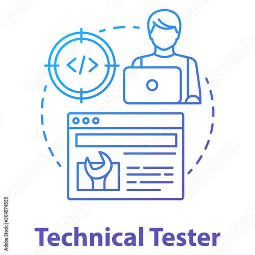 Technical tester concept icon. Software development idea thin line illustration. App programming professional. System functions analysis. IT project managment. Vector isolated outline drawing
