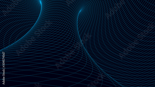 Vortex. Vector perspective curved grid. Wireframe abstract tunnel. 3D vector wormhole with a mesh structure.