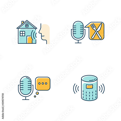 Blue remote control system color icons set. Virtual assistance tools idea. Microphones, speaker. Speech recognition equipment. Smart home technology, food order. Isolated vector illustrations