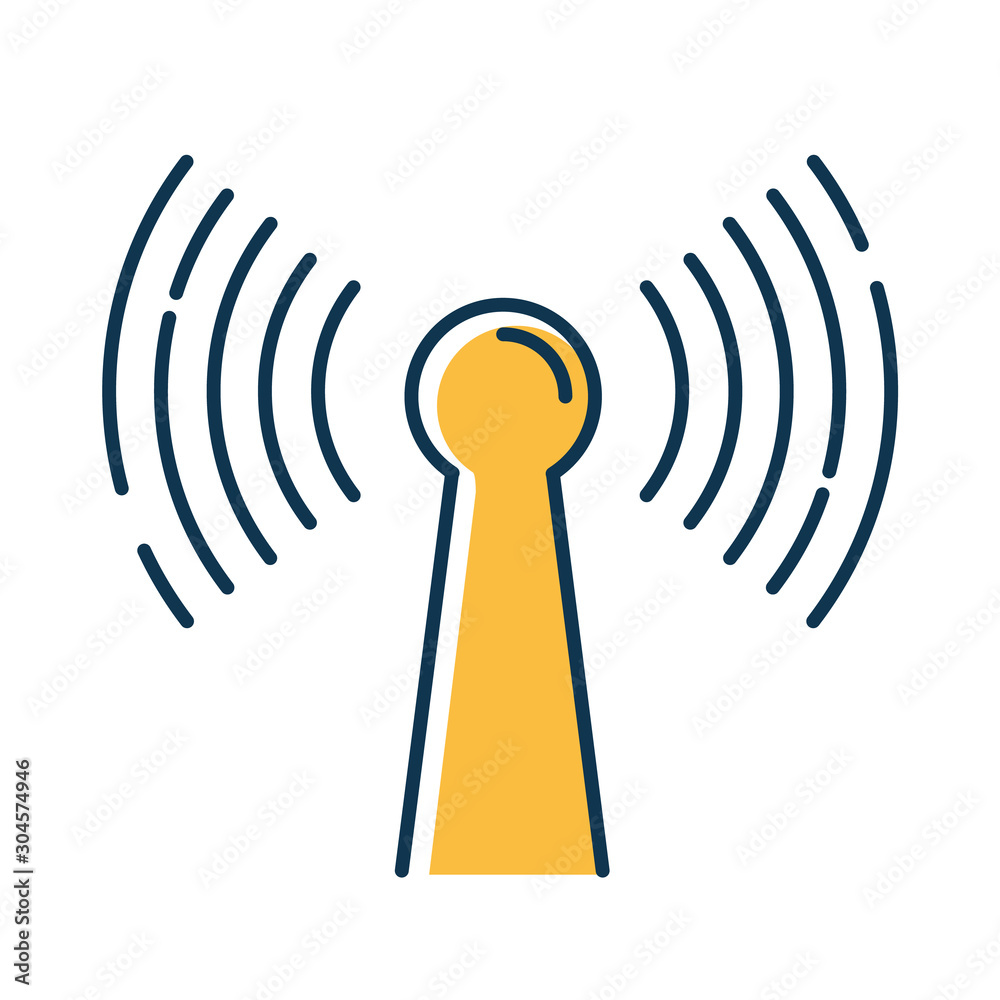 Yellow radio signal color icon. Wireless connection idea. Sound waves, audio broadcasting. Hardware, equipment, technology. Coverage area. Modern functional equipment. Isolated vector illustration Yellow radio signal color icon. Wireless connection idea. Sound waves, audio broadcasting. Hardware, equipment, technology. Coverage area. Modern functional equipment. Isolated vector illustration