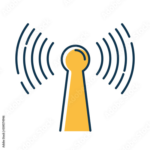 Yellow radio signal color icon. Wireless connection idea. Sound waves, audio broadcasting. Hardware, equipment, technology. Coverage area. Modern functional equipment. Isolated vector illustration