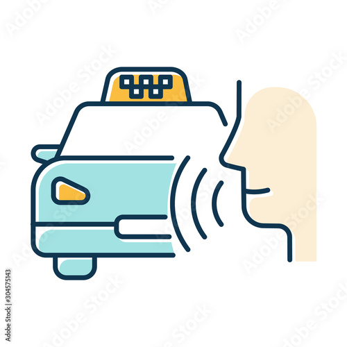 Blue taxi call color icon. Transport search voice command idea. Sound control, audio order, conversation. Smart virtual assistant. Car delivery service. Loud speak. Isolated vector illustration