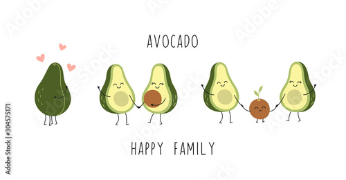 Cute avocado characters, couple in love, young parents, little baby, happy family. Cartoon vector isolated illustration on a white background. photo