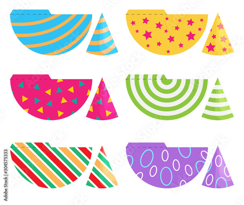 Set of Birthday party hats isolated on white background. Vector cones template with cute decoration. Print and cut. Christmas printable mock-up. 