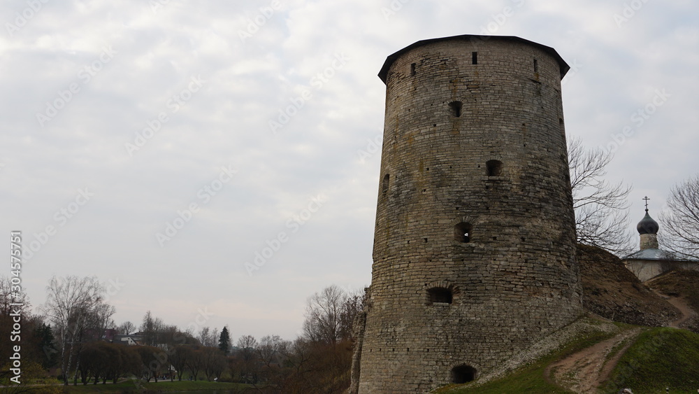 Temples of the Pskov architectural school..The complex of fortifications of Okolny city,.The rattle tower.